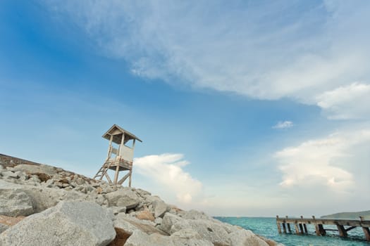 View point at rocky beach and blue sky