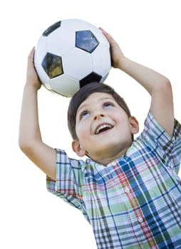 Cute Smiling Young Boy Holding Soccer Ball Isolated on a White Background.