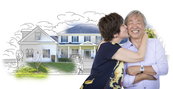 Attractive Affectionate Senior Chinese Couple In Front of House Sketch Photo Combination on White.