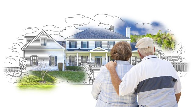 Curious Embracing Senior Couple Looking At  House Drawing and Photo Combination on White.