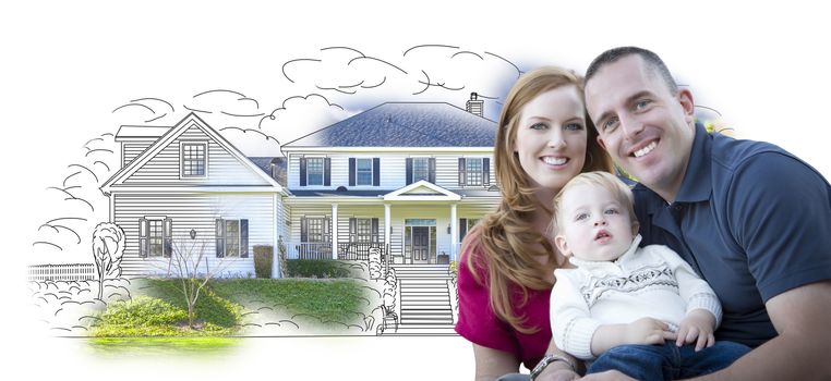 Young Military Family Over House Drawing and Photo Combination on White.