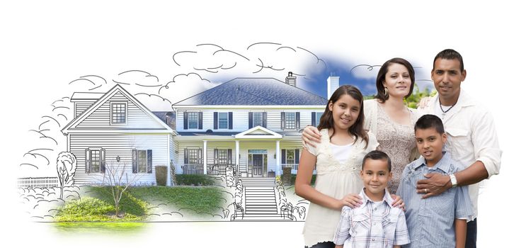 Young Hispanic Family Over House Drawing and Photo Combination on White.