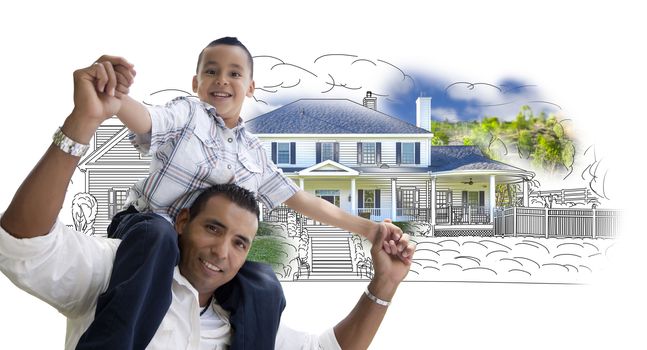 Hispanic Father and Son Over House Drawing and Photo Combination on White.