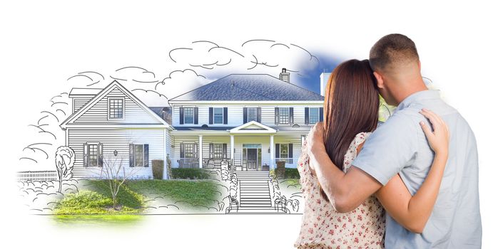 Military Couple Looking At House Drawing and Photo Combination on White.