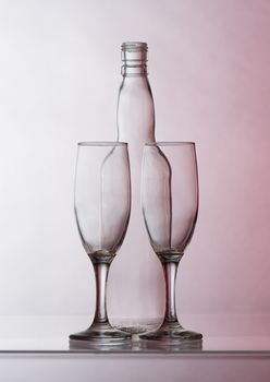 Two empty glasses with bands of reflection blinds