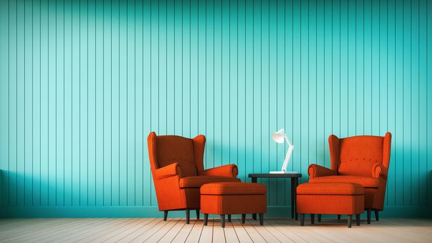 Red sofa and marine wall with vertical stripes