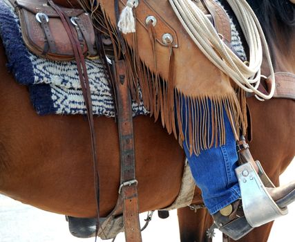 Cowboy riding his horse outdoors.