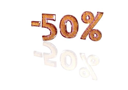 Transparent inscription minus 50 percent with a set of gold signs of percent in it