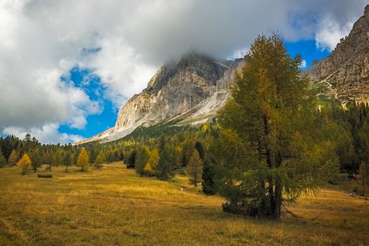 Landscape in autumn at Passo Falzarego, Dolomites, Italian Alps