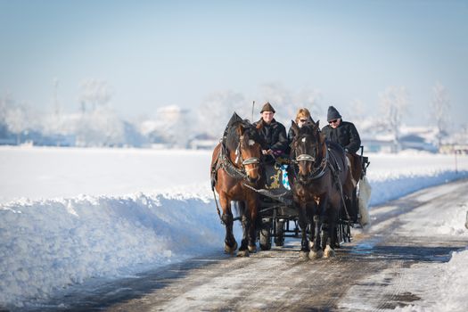 HOHENSCHWANGAU, GERMANY  JANUARY 01, 2015 - Tourists in carriage in wintery landscape in Bavaria at New Years Day