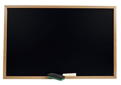 Blank chalkboard with eraser and chalk isolated on white