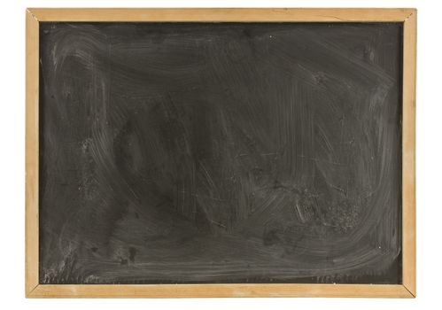 Rubbed out grungy old blank blackboard or chalkboard with wooden frame.