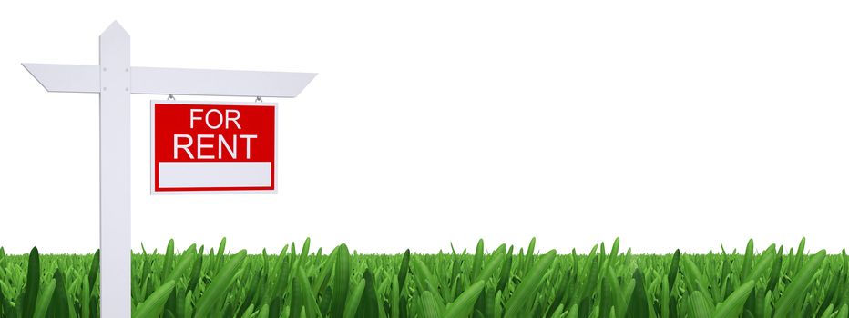 Sign for rent with green grass and white background