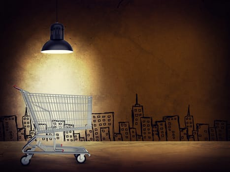 Shopping cart under lamp on wall texture background with drawn city