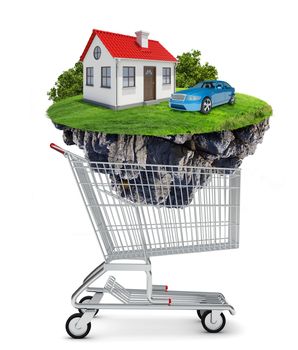 House and car on island in shopping cart on isolated white background