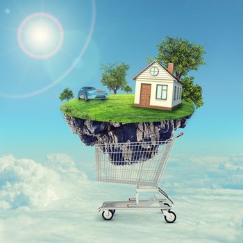 House and car on island in shopping cart on clouds