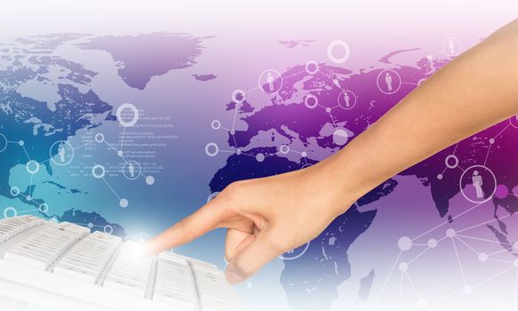 Humans finger touching keyboard on abstract colorful background with world map