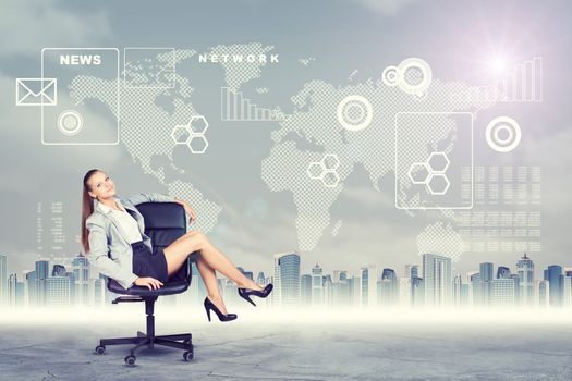 Woman sitting in chair and looking at camera on abstract virtual background
