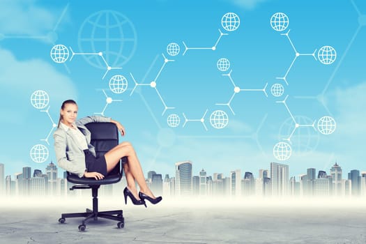 Lady sitting in chair and looking at camera on abstract virtual background