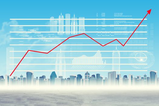 Abstract virtual background with cityscape and graphical charts