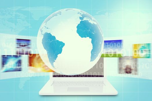 Earth in center above white laptop and wide virtual tape with pictures on abstract background with world map and numbers. Elements of this image furnished by NASA