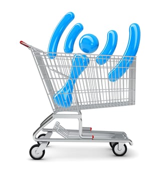 Wi-fi sign in shopping cart on isolated white background