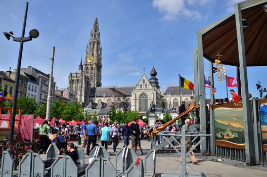 Antwerp, Belgium - May 10, 2015: People visit Thailand Festival at Groenplaats, the Central Square of Antwerp, Belgium, with the Statue of Rubens and the Hilton Hotel. on May 10, 2015.