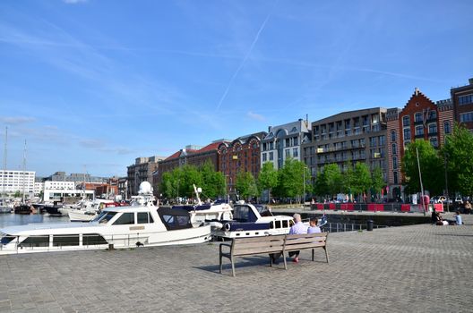 Antwerp, Belgium - May 10, 2015: Yachts moored in the Willem Dock pictured from the Museum aan de Stroom in Antwerp, Belgium.