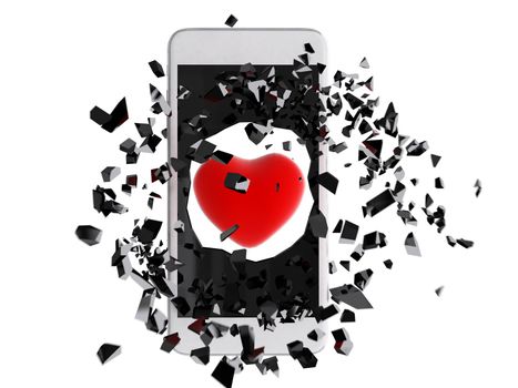 Red heart burst out of the smartphone.