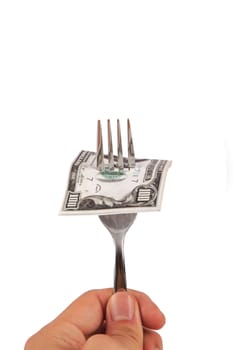 View of one hundred dollar banknotes on a fork, isolated on white background.