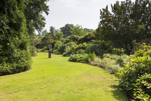 english border green grass garden with trees and plants