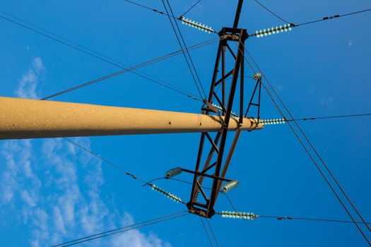 power transmission tower on blue sky background