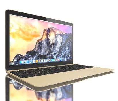 Galati, Romania - July 10, 2015: New Gold MacBook displaying OS X Yosemite. The New MacBook is not only Apple's thinnest and lightest, but more functional and intuitive than ever before. It has a 12-inch Retina display with a resolution of 2304 x 1440. The new MacBook was launched on April 10.