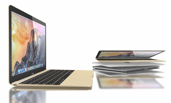 Galati, Romania - July 10, 2015: New Gold, Silver and Space Gray of MacBook displaying OS X Yosemite. The New MacBook is not only Apple's thinnest and lightest, but more functional and intuitive than ever before. It has a 12-inch Retina display with a resolution of 2304 x 1440. The new MacBook was launched on April 10.