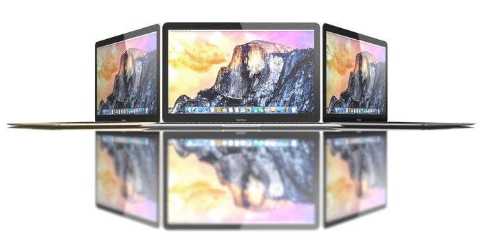 Galati, Romania - July 10, 2015: New Gold, Silver and Space Gray of MacBook displaying OS X Yosemite. The New MacBook is not only Apple's thinnest and lightest, but more functional and intuitive than ever before. It has a 12-inch Retina display with a resolution of 2304 x 1440. The new MacBook was launched on April 10.