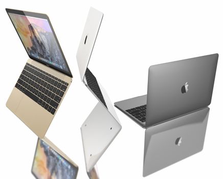 Galati, Romania - July 10, 2015: New Gold, Silver and Space Gray of MacBook displaying OS X Yosemite. The New MacBook is not only Apple's thinnest and lightest, but more functional and intuitive than ever before. It has a 12-inch Retina display with a resolution of 2304 x 1440. The new MacBook was launched on April 10.