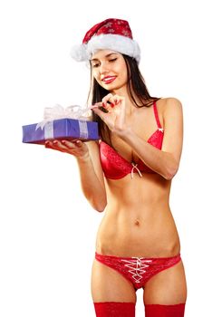 sexy young Santa-girl in red bikini with presents