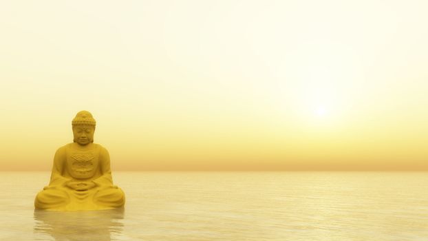Golden buddha meditating by yellow light - 3D render