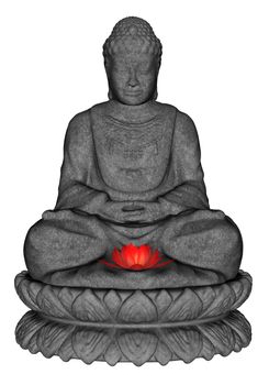 Stone buddha meditating and small lotus flower isolated in white background - 3D render