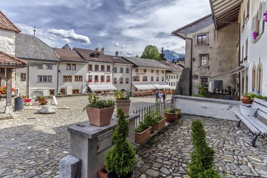 Street in Gruyeres village by day, Fribourg, Switzerland