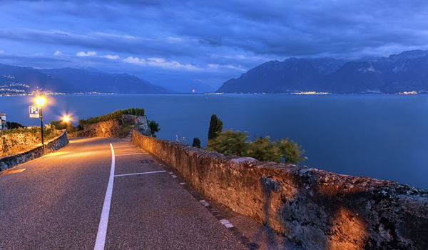 Road in Lavaux region by night, Vaud, Switzerland