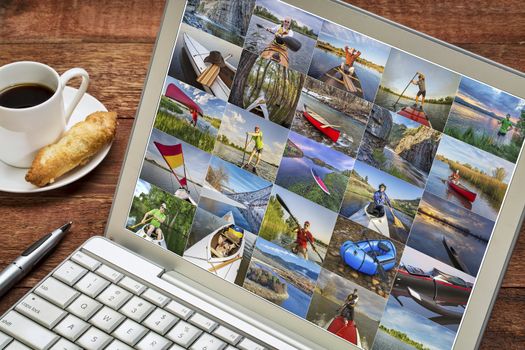 gallery  of paddling pictures from Colorado featuring variety of boats (kayak, canoe, outrigger,packraft, stand up paddleboard) and the same male model - reviewing and editing images on a laptop