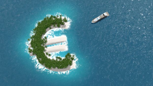 Tax haven, financial or wealth evasion on a euro shaped island. A luxury boat is sailing to the island.