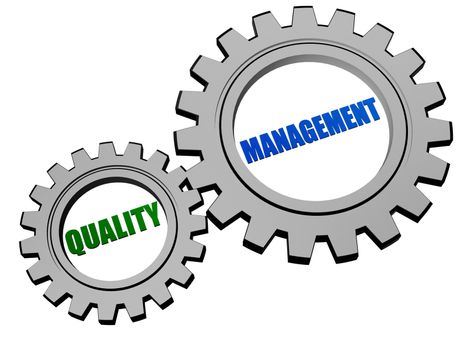 quality management  - text in 3d silver grey metal gear wheels, business CRM concept