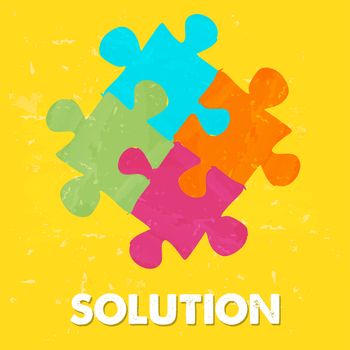 solution and puzzle pieces - text and sign in colorful grunge drawn style, business creative concept