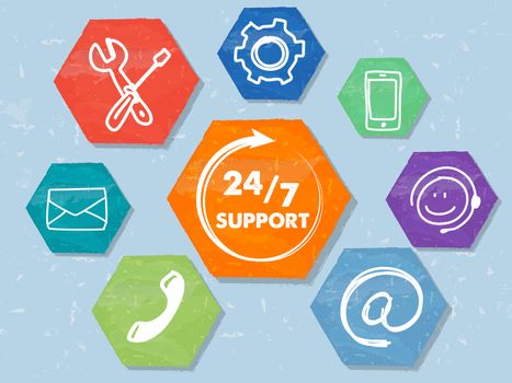 24/7 support with signs, colorful grunge drawn flat design hexagons labels with network symbols, business technical attendance concept