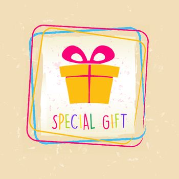 special gift with present box sign in frame over beige old paper background, holiday concept