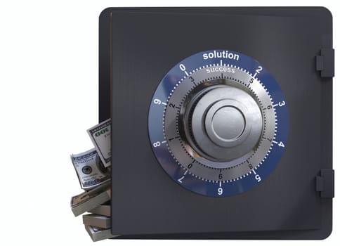 Close up of a safe lock and cash concept of solution and success in business