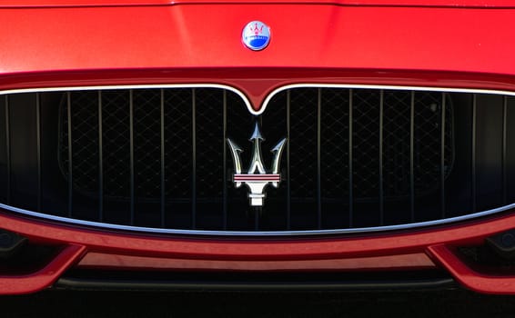 LOS ANGELES, CA/USA - JULY 11, 2015: Maserati automobile grille. Maserati is an Italian luxury car manufacturer.