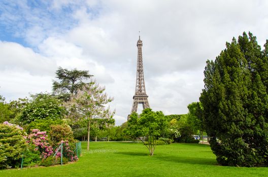 Champ de Mars Park with Eiffel Tower in Paris, France 